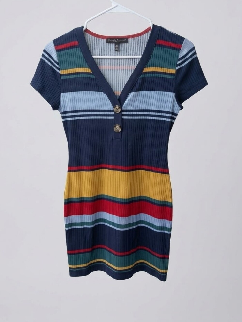 Derek Heart Retro Striped Ribbed Henley Mini Dress Medium
